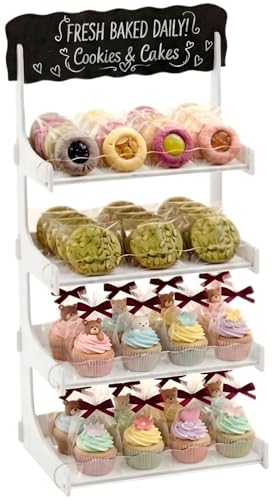 HOTCAN Cookie Display Stand for Bakers & Vendors with Acrylic Front | Wooden Dessert Stand with Chalkboard Sign for Market Booths, Craft Fairs & Events | 4 Tiered Cookie Display for Cupcakes, Muffins & Pastries (White) - color: White, size: 4 Tier