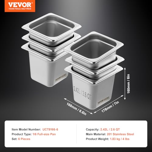VEVOR 6 Pack Stainless Steel Hotel Pans - 1/6 Size 6-Inch Deep 0.8mm Thick Anti-Jam Commercial Food Pans for Steam Tables, Restaurants, Catering & Industrial Use - size: 1/6 Size, style: 6 Inch Deep Thickened