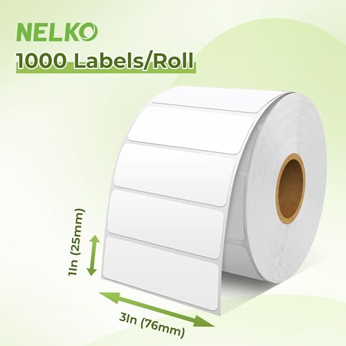 Nelko Genuine 3" x 1" Direct Thermal Label, Self-Adhesive Barcode Labels Compatible with Nelko PL70E Label Printers, No BPA & BPS, 1000 Labels (Commercial Grade) - size: 3x1