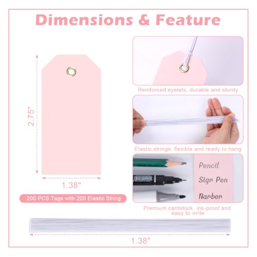 500 Pcs Pink Hang Tags with Elastic String 2 3/4" x 1 3/8" Blank Paper Gift Tags with Reinforced Hole Writable Price Shipping Tags for Inventory Retail Labeling Wedding Favors Valentine's Day - color: Pink, size: 2 3/4" × 1 3/8"