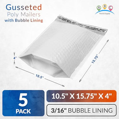 ABC PACK & SUPPLY White Bubble Mailers, 10.5 x 15.75 x 4 Inch, Pack of 5, Waterproof Self-Seal Padded Shipping Envelopes with Bottom Gusset for Secure Packaging - size: 10.5" x 15.75" x 4" / 5 Pack
