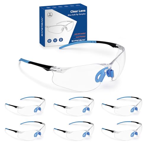 Clear Safety Glasses 6PK, Protective Eyewear UV Protection ANSI Z87.1 Crystal Clear Safety Goggles Scratch Impact Resistant Eye Protection with Soft Nose Pieces, Clear Lens Blue Temples - color: Clear Lens Blue Temples