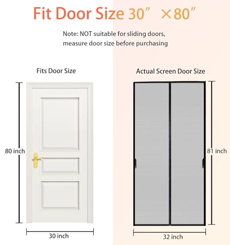 FEGO Magnetic Screen Door Fit Door Size:30"x80", Screen Itself Size 32"x81", Enjoy Breeze, Hands Free Entry, Reinforced Fiberglass Mesh Anti-Tearing, Pet & Kid Friendly, Strong Magnets for Patio/Front - color: Black, size: Screen Fit Door 30" x 80"