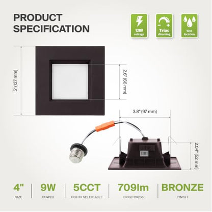 ASD LED Bronze Retrofit 4 Inch Recessed Lights - Square 9W 709LM 2700-5000K Recessed Lighting 4 Inch, Wet Rated Dimmable Can Lights, Baffle Trim Wafer Lights, UL 12 Pack - color: Bronze, size: 12 Pack