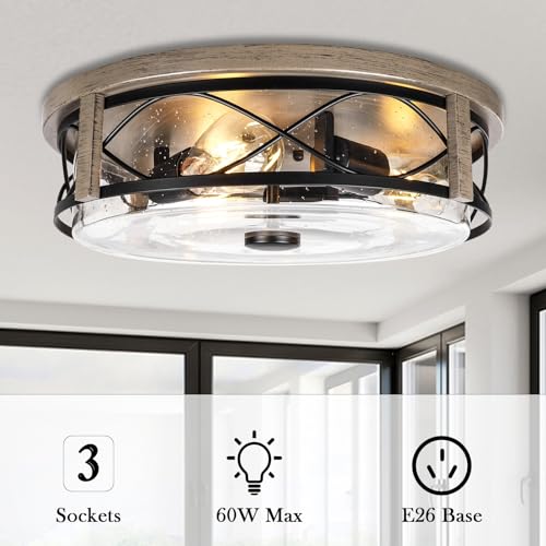 16 Inch Farmhouse Flush Mount Ceiling Light With Seeded Glass, 3-Light Wood Grain Round Lamp, Modern Large Indoor Outdoor Lighting for Kitchen Bedroom Living Dining Room - color: ROS578L BK