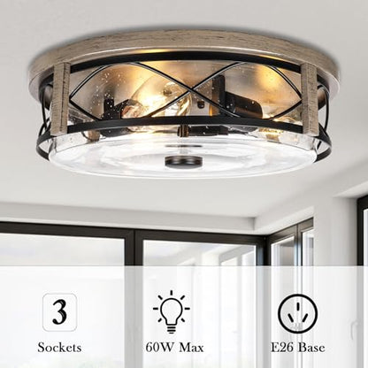 16 Inch Farmhouse Flush Mount Ceiling Light With Seeded Glass, 3-Light Wood Grain Round Lamp, Modern Large Indoor Outdoor Lighting for Kitchen Bedroom Living Dining Room - color: ROS578L BK