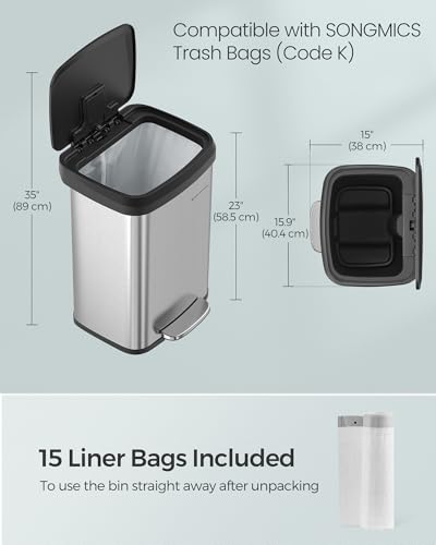 SONGMICS Kitchen Trash Can, 13-Gallon (50 L) Stainless Steel, Soft Closure - color: Silver + Black, style: 13 Gallons