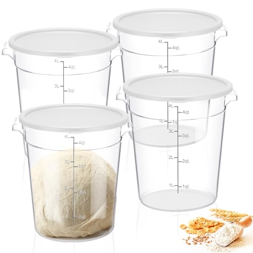 Suclain 4 Pcs 4 Qt Food Storage Container Bucket with Lids Clear Proofing Containers for Dough Rise Bread with Scale Handle Round Flour Commercial Storage Bucket for Home Restaurant Food - color: White