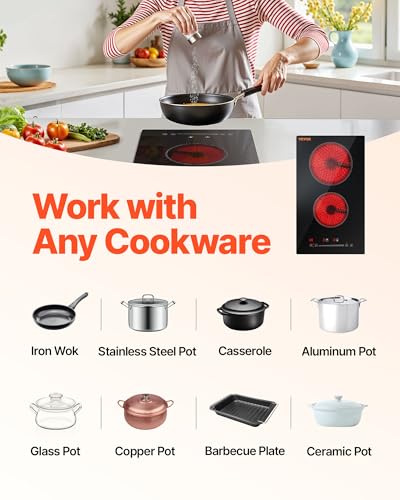 VEVOR Built in Electric Stove Top, 12 inch 2 Burners, 240V Glass Radiant Cooktop with Sensor Touch Control, Timer & Child Lock Included, 9 Power Levels for Simmer Steam Slow Cook Fry - size: 12 IN-2 Burner+Touch Control