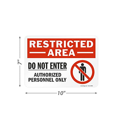 SmartSign 7 x 10 inch “Restricted Area - Do Not Enter, Authorized Personnel Only” Sticker Label with Symbol, 3 mil Laminated Adhesive Polyester, Red, White and Black, Made in USA - style: 7" x 10" - Vinyl