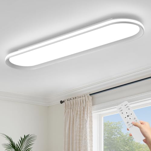 ADISUN Modern LED Ceiling Light Dimmable Linear Ceiling Light 31in Semi Flush Mount Long Lights with Remote Control and Side Lighting for Living Room Kitchen Dining Room - color: White-1Pack, size: 31 Inch