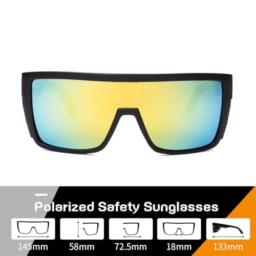Polarized Safety Sunglasses, UV400 Protection, ANSI Z87.1 Wraparound Protective Eyewear - color: Matte Black Gold Mirror