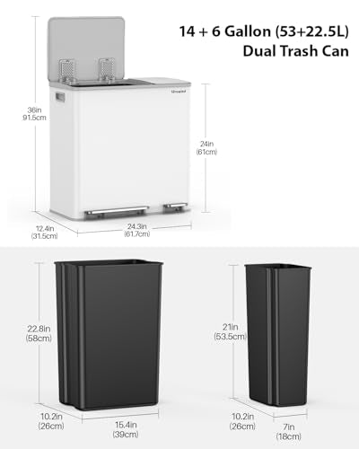 Lovewind Dual Trash Can, 14 + 6 Gallon Garbage Can for Kitchen Dual Compartment Recycling Kitchen Step Trash Bin, Stainless Steel Trash and Recycle Bin Combo with Soft-Close Lid, White - color: White, size: 14 + 6 Gallon