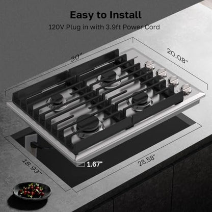 ThermoMate Heavy 30 Inch Gas Cooktop with 4 Italy Sabaf Power Burners, Built In Gas Stove Top of 304 Stainless Steel, NG/LPG Convertible with Thermocouple Protection CSA Certified - size: 30 inch 4 burners