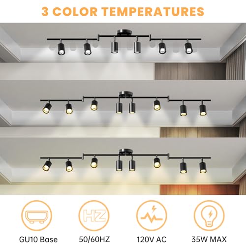LED 8 Light Track Lighting Kit, 57.6" Black 8 Way Ceiling Spotlights Fixture, 3 CCT Adjustable, with Flexibly Rotatable Light Heads for Kitchen, Living Room, Bedroom, Includes 8 x GU10 Bulb - color: Black, size: 8