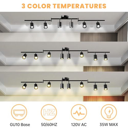 LED 8 Light Track Lighting Kit, 57.6" Black 8 Way Ceiling Spotlights Fixture, 3 CCT Adjustable, with Flexibly Rotatable Light Heads for Kitchen, Living Room, Bedroom, Includes 8 x GU10 Bulb - color: Black, size: 8