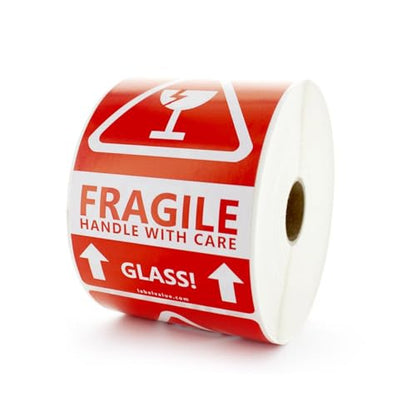 Fragile Glass Handle with Care Shipping Labels – 3" x 5", Red, Semi-Gloss, Permanent Adhesive, Warning Labels – Glass Packaging, Handling & Shipping Use – 500 Labels per Roll | LabelValue