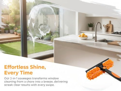 2-in-1 Window Cleaning Squeegee and Scrubber Kit, All-in-One Glass Cleaning Tool with Squeegee and Detachable Chenille Scrub Cloth Head, Streak-Free Window Washer for Home, Car, and High Windows