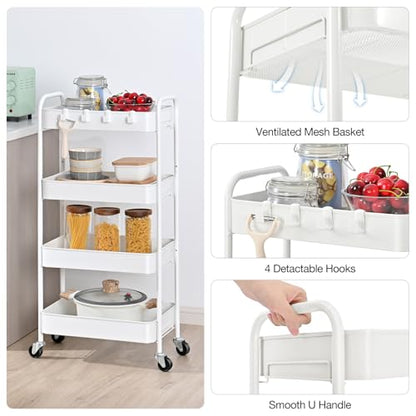 TOOLF 4 Tier Metal Rolling Cart, Utility Storage Cart with Wheels, White - color: White, size: 4-Tier