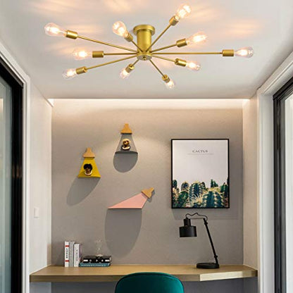 Garwarm Sputnik Ceiling Light Fixture, 10-Light Gold Semi Flush Chandelier - color: 10-Light,Gold