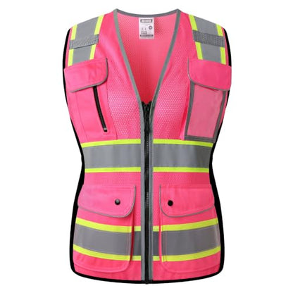 High Visibility Reflection Pink Mesh Safety Vests with 8 Pockets and Front Zipper, hi vis safety vest for Women(Pink-16,Small) - color: Pink, size: Small