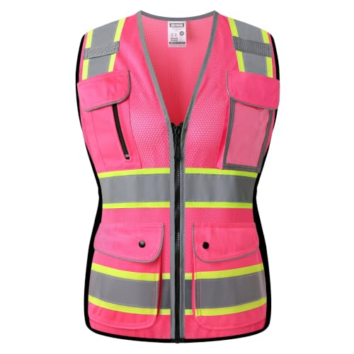 High Visibility Reflection Pink Mesh Safety Vests with 8 Pockets and Front Zipper, hi vis safety vest for Women(Pink-16,Large) - color: Pink, size: Large