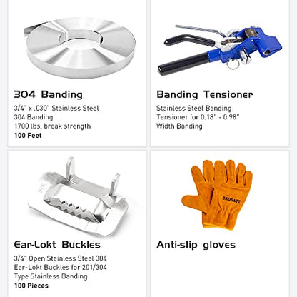 BAUSATZ Packaging Strapping Kit - Stainless Steel Banding Coil (3/4" x 100ft x 0.03") & Ear-Lokt Buckles (100pcs) - Silver - Industrial, Construction, Outdoor