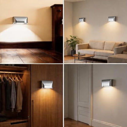 Key Light Door Light, Small Motion Sensor Light with 4 LED Bulbs, Battery Powered Night Lights for Hallway, Stairway, Kitchen, Closet, Bedroom (Silver) - color: Silver