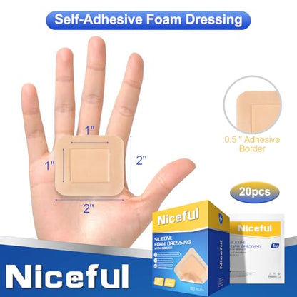 Niceful Silicone Foam Dressing 2 x 2 inch, 40 Count, Extra Hold - size: 2x2 Inch (20 Pcs) (Pack of 2)