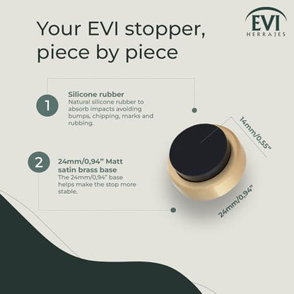 EVI Herrajes | Wall Brass Door Stop | 0.94x0.54 Inch | Gold Finish - Black Anti-Shock Rubber | Adhesive | Small and Discreet | Mod. 205 - color: Matte Brass - Black Rubber