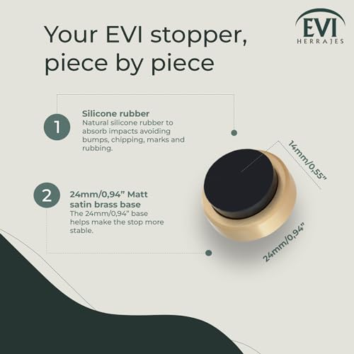 EVI Herrajes | Wall Brass Door Stop | 0.94x0.54 Inch | Gold Finish - Black Anti-Shock Rubber | Adhesive | Small and Discreet | Mod. 205 - color: Matte Brass - Black Rubber