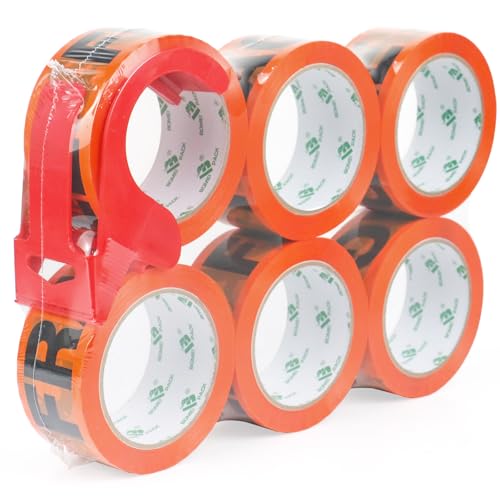 BOMEI PACK 6 Pack Fragile Tape 2 Inch x 60Yards, Fragiles Tape Handle with Care for Shipping with Dispenser, Heavy Duty Marking Tape for Moving Box (360 Yards Total)