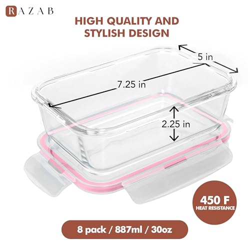 Razab 16 Pc (Set of 8) 30 Oz Glass Meal Prep Containers with Lids, Airtight Large Glass Food Storage Containers, Reusable Leak Proof BPA Free, Freezer to Oven and Dishwasher Safe - color: Pink