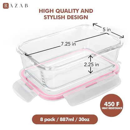 Razab 16 Pc (Set of 8) 30 Oz Glass Meal Prep Containers with Lids, Airtight Large Glass Food Storage Containers, Reusable Leak Proof BPA Free, Freezer to Oven and Dishwasher Safe - color: Pink