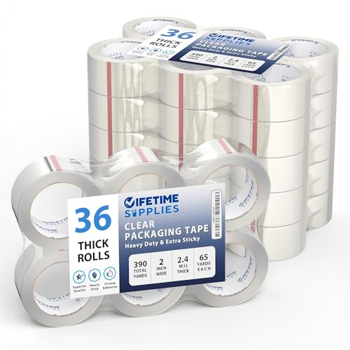 Lifetime Supplies 36 Rolls [Upgraded] Clear Premium Packing Tape, 65 Yards, 2.2 mil, Heavy Duty Packaging Tape for Shipping, Moving, Sealing - Stronger & Thicker