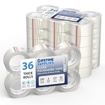 Lifetime Supplies 36 Rolls [Upgraded] Clear Premium Packing Tape, 65 Yards, 2.2 mil, Heavy Duty Packaging Tape for Shipping, Moving, Sealing - Stronger & Thicker