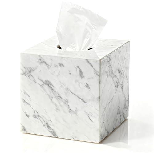 Natural Marble Tissue Box Holder Cover, Square Cube Tissue Box Holder with Open Bottom for Bathroom Vanity Tops, Bedroom Dressers, Kitchen Countertop, White Tissue Box(NS021) - color: White