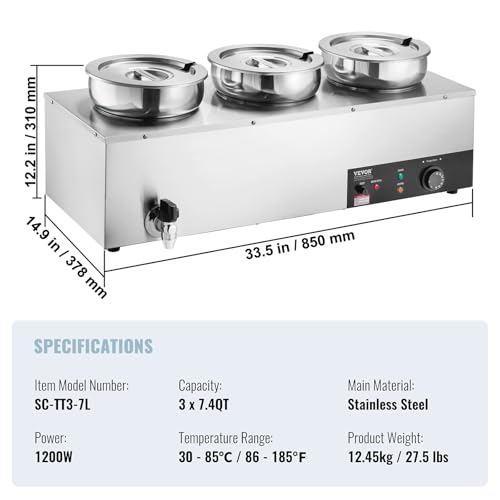 VEVOR Electric Soup Warmer, Three 7.4QT Stainless Steel Round Pot 86~185°F Adjustable Temp, 1200W Commercial Bain Marie with Anti-dry Burn and Reset Button, Soup Station for Restaurant, Buffet, Silver - size: 3*7.4QT