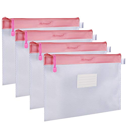 Wisdompro Zipper Pouch, 4 Pack Waterproof Mesh File Bag, Document Organizer - color: Pink