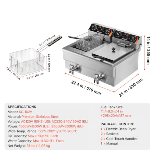 VEVOR Commercial Deep Fryer, Dual Tank 3000W Electric Countertop Fryer with Basket, 2 x 11.6Qt/11L Double Stainless Steel Oil Fryer with Drain, Time & Temp Control, for Kitchen Restaurant Use - size: Double Fryer, style: Upgraded with Timer & Oil Filtrati