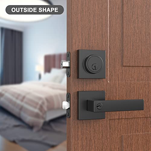 BAOLONG Modern Square Entry Lever Door Handle and Single Cylinder Deadbolts, Combo Pack Locking Lever Handle Set Matte Black Keyed Alike 5 Pack - size: 5 Pack