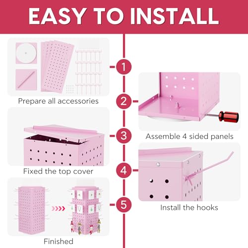 Rotating Pegboard Display Stand With 24 Hooks ,Metal Spinning Peg Board Displays, Desk Pegboard,Merchandise Display Rack for Selling Accessories Vendors & Events Retail Craft Shows & Fairs ( Pink) - color: Pink