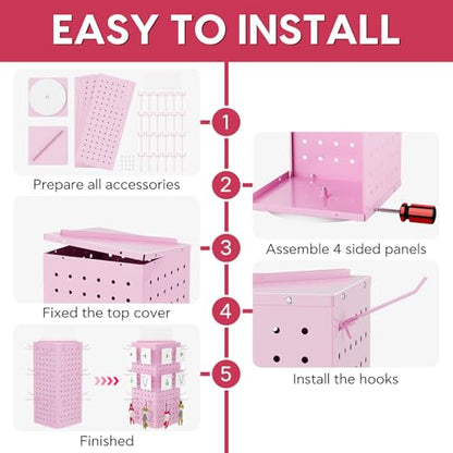 Rotating Pegboard Display Stand With 24 Hooks ,Metal Spinning Peg Board Displays, Desk Pegboard,Merchandise Display Rack for Selling Accessories Vendors & Events Retail Craft Shows & Fairs ( Pink) - color: Pink