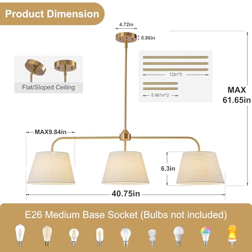 40" Brass Kitchen Island Lighting, Linear Chandeliers for Dining Room - color: Gold