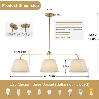 40" Brass Kitchen Island Lighting, Linear Chandeliers for Dining Room - color: Gold