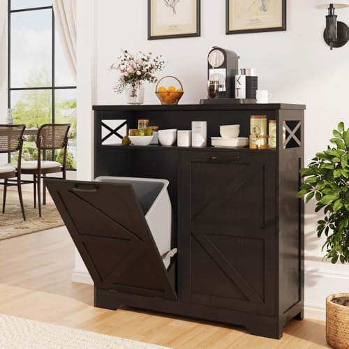 Befrases Double Tilt Out Trash Can Cabinet for 13 * 2 Gallon Garbage Can, Farmhouse Kitchen Garbage Trash Bin for Hidden Laundry Basket, Dual Dog Proof Recycling Cabinet for Dining Living Room, Black - color: Black, size: 2 x13 Gallons