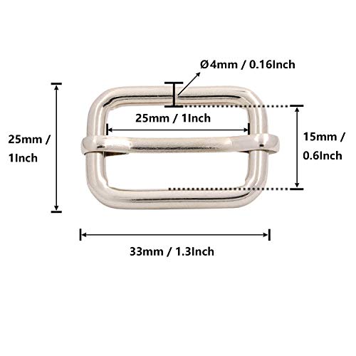 BIKICOCO Metal Slide Adjuster Buckle Tri-Glides with Movable Center Bar, for Straps, 1 x 0.6 Inch, Silver, Pack of 20 - color: Silver X 20 Pcs
