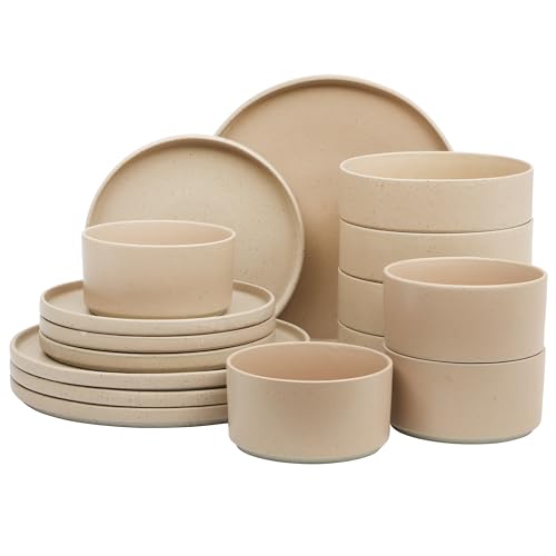 Gibson Elite Tatum Premium Porcelain Matte Reactive Glaze 16-Piece (Service for 4) Plates and Bolws Stackable Dishes Ceramic Dinnerware - Blush Pink/Taupe - color: Earthstone Taupe (Tatum)