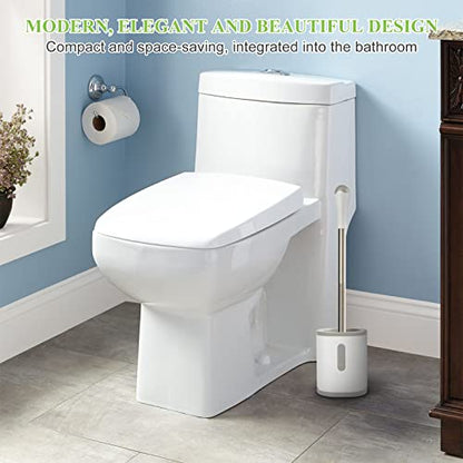 AONEZ Compact Toilet Brush & Holder, Stainless Steel Handle, Space Saving for Storage, Deep Cleaning, Drip-Proof, Easy to Assemble, Nylon Bristles, White & Grey - color: White & Grey