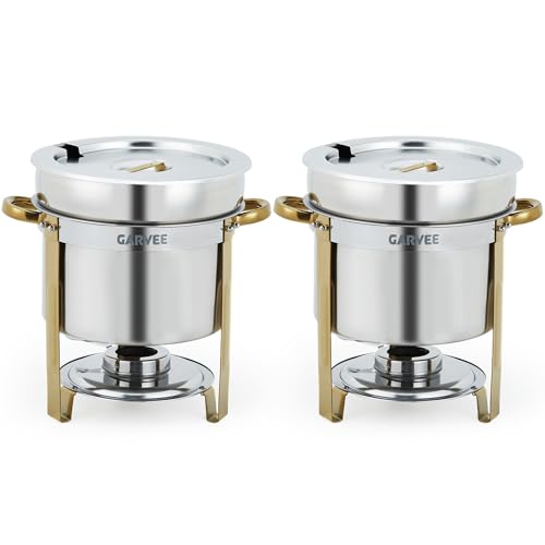 GarveeHome 7QT Round Soup Chafer Sets of 2, Commercial Soup Warmer with Pot, Notched Lids & Fuel Holders, Stainless Steel Food Warmer for Buffets Parties Wedding Banquets Catering, Gold - color: Gold, size: 7QT-2 Pcs